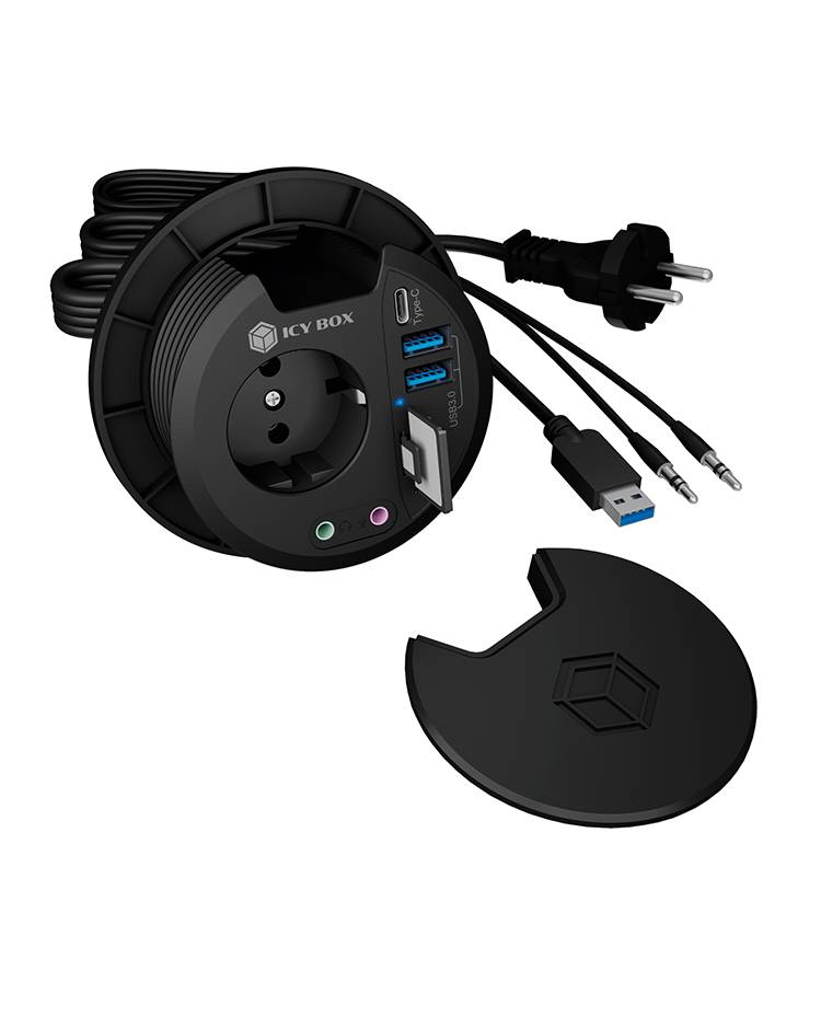Steckdose mit USB-Anschlüssen und Audiobuchsen, geeignet für Schreibtische. Inklusive abnehmbarem Deckel und verschiedenen Kabeln.