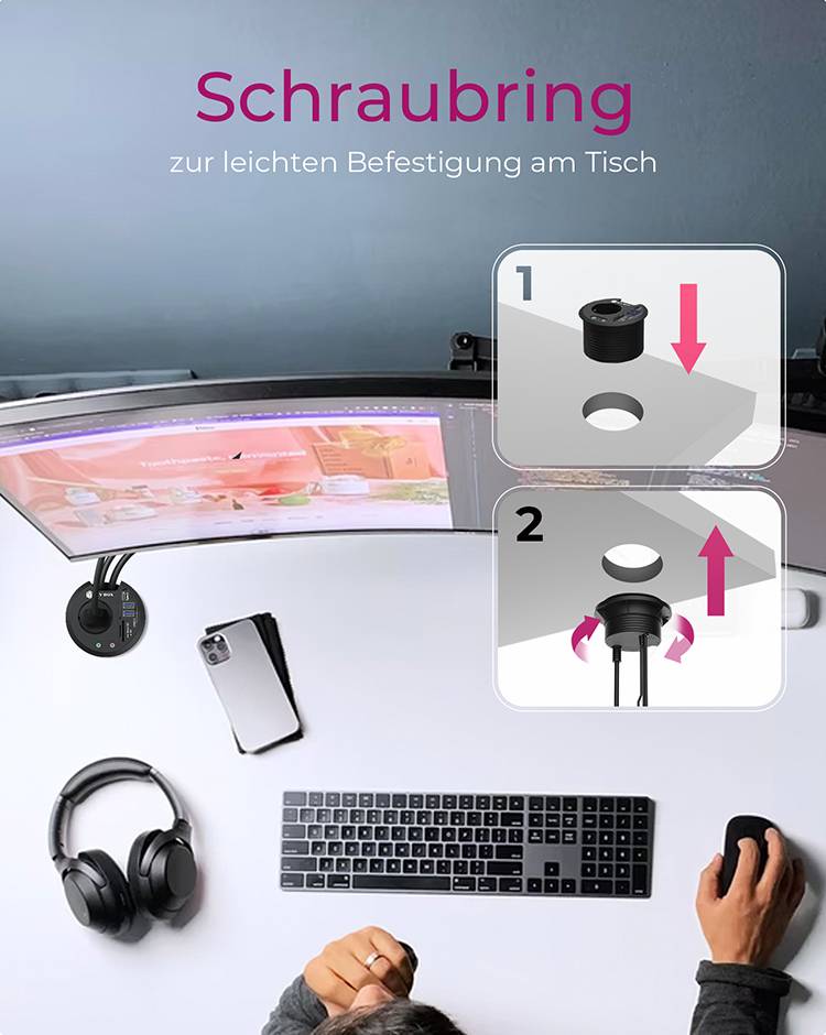 Mann am Schreibtisch nutzt Computermaus, daneben Monitorbefestigung mit 'Schraubring zur leichten Befestigung am Tisch' erklärt.