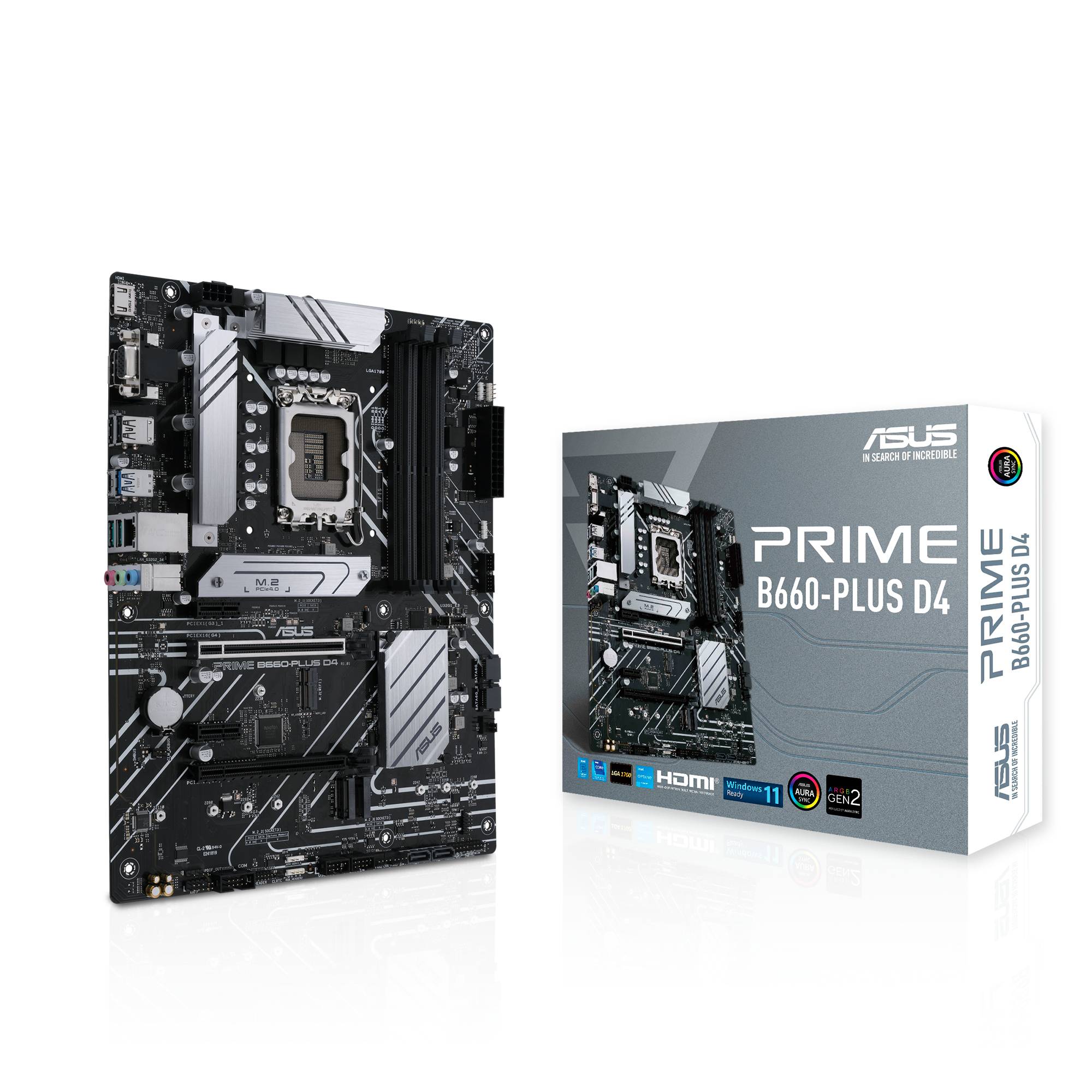 'ASUS Prime B660-PLUS D4 Mainboard' mit LGA1700-Sockel, PCIe-Slots und Speichersteckplätzen. Produktverpackung rechts daneben.