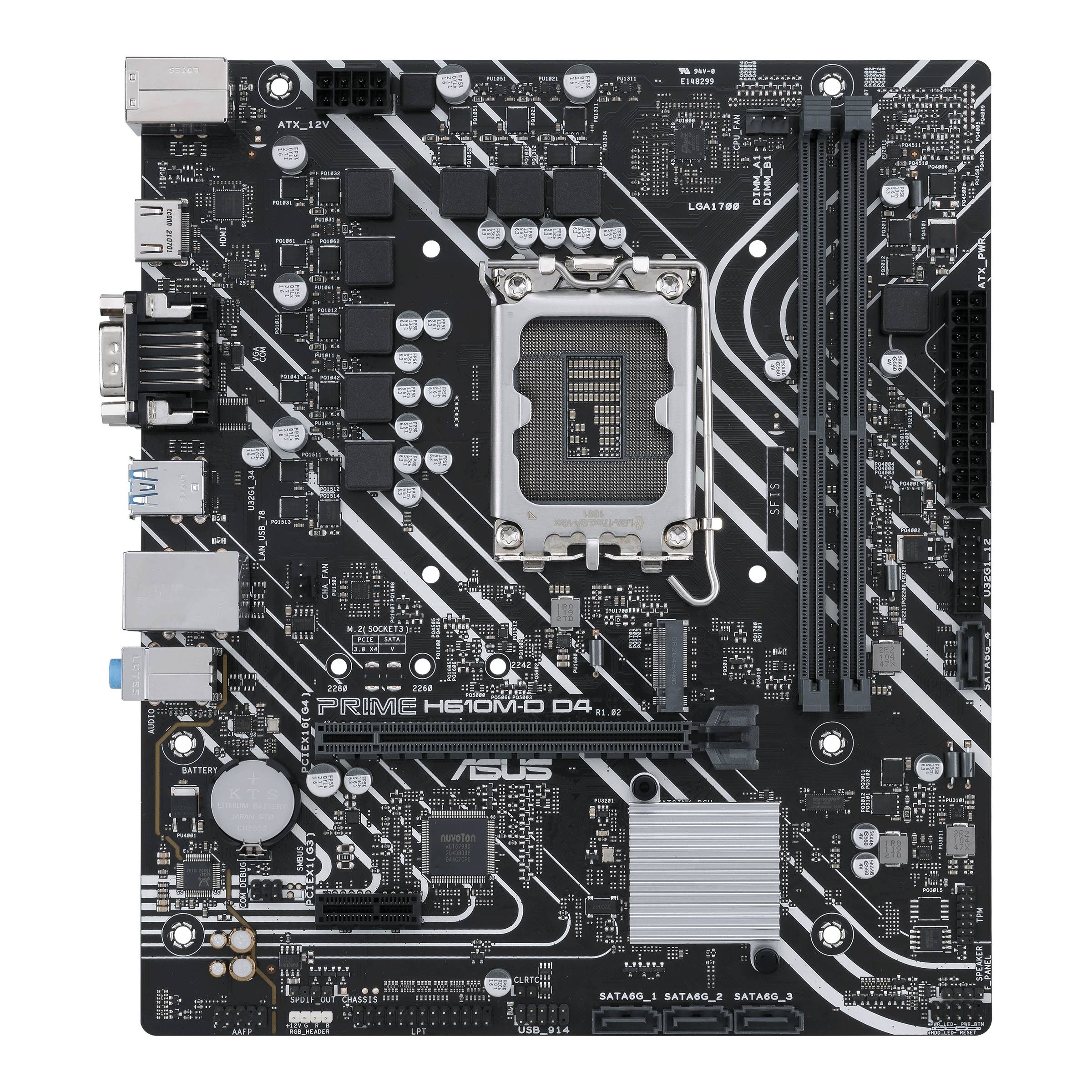 Eine schwarze ASUS-Motherboard-Platine mit verschiedenen Anschlüssen und Schaltkreisen, Modell PRIME H610M-D D4, Sockel LGA1700.