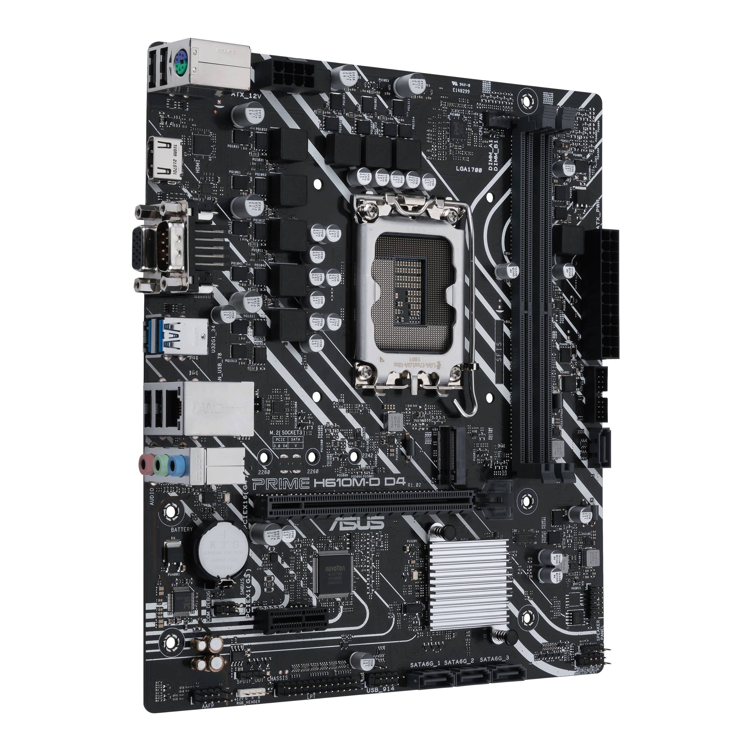 Abgebildet ist eine ASUS Prime H610M-D D4 Hauptplatine mit verschiedenen Anschlüssen und Steckplätzen für PC-Komponenten.