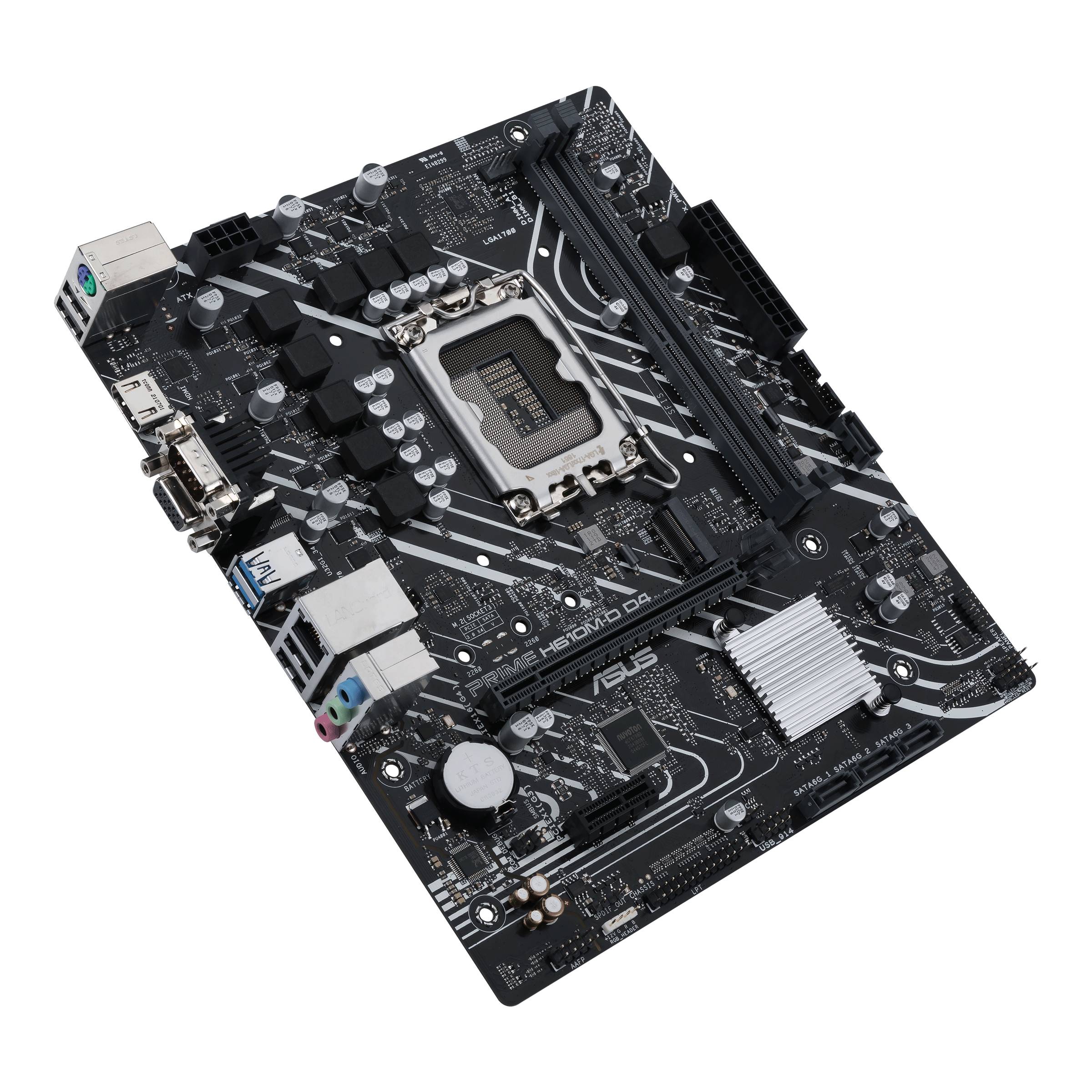 Ein schwarzes Motherboard mit einem CPU-Sockel und mehreren Anschlüssen, geeignet für den Aufbau oder die Reparatur eines Computers.