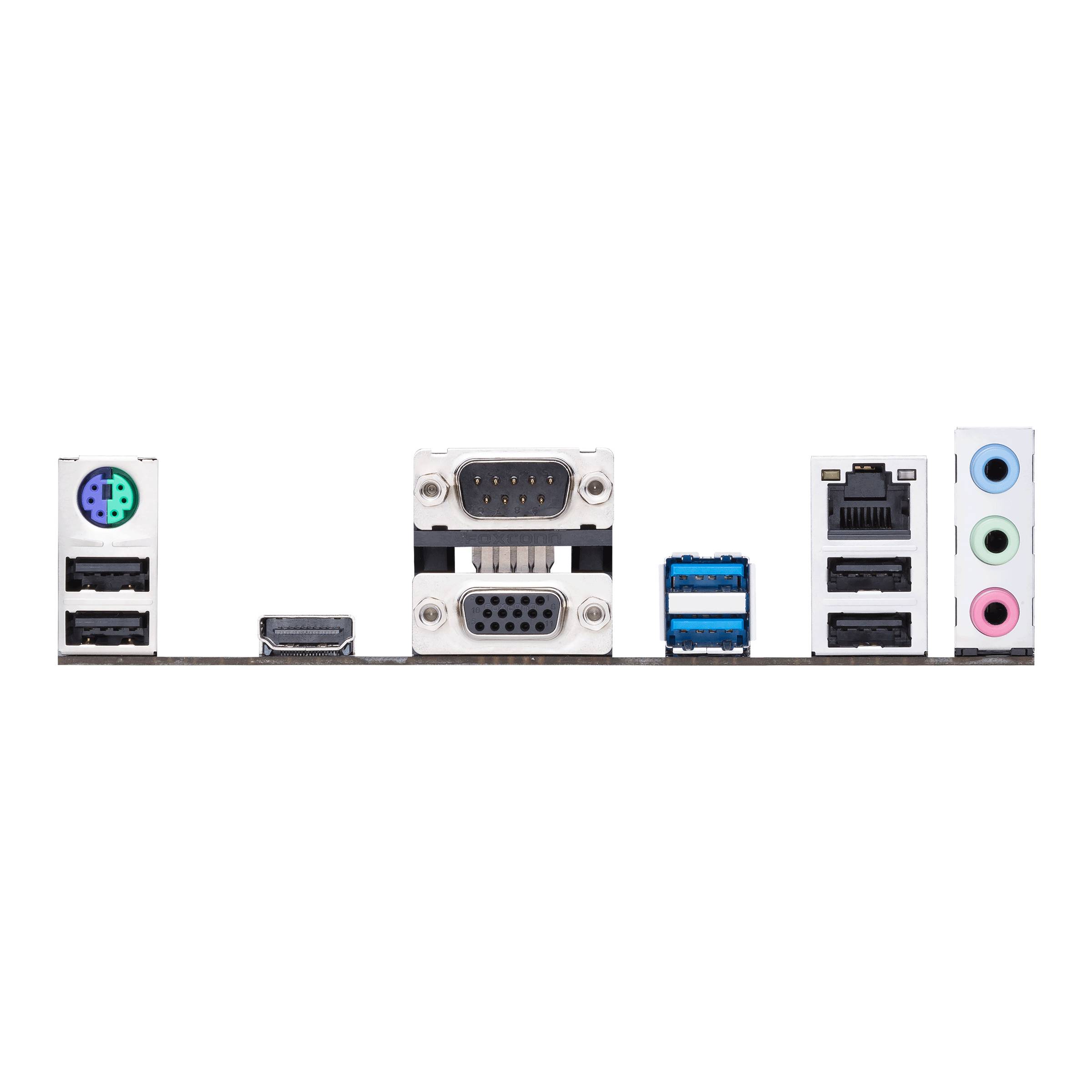 Rückseite eines Motherboards mit Anschlüssen: PS/2, VGA, DVI, HDMI, USB, Ethernet, Audio-Eingang und -Ausgang. Anordnung von links nach rechts.