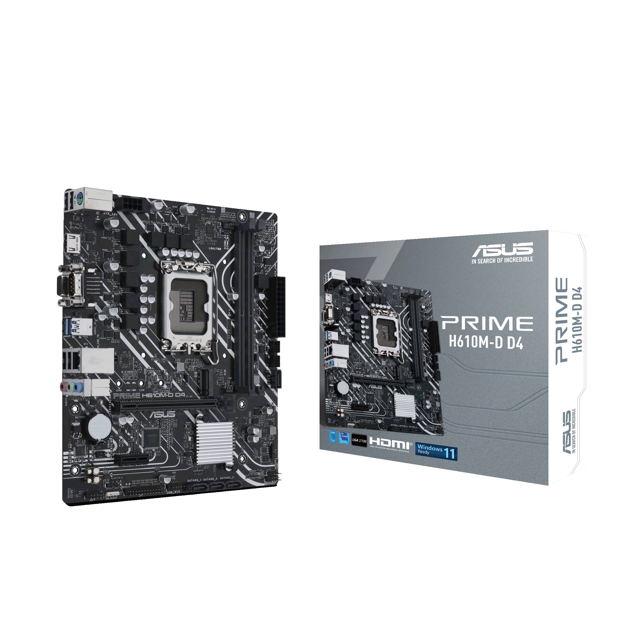 Mainboard ASUS PRIME H610M-D D4 vor Verpackung. Der Karton zeigt das Produktbild und die wichtigsten Spezifikationen.
