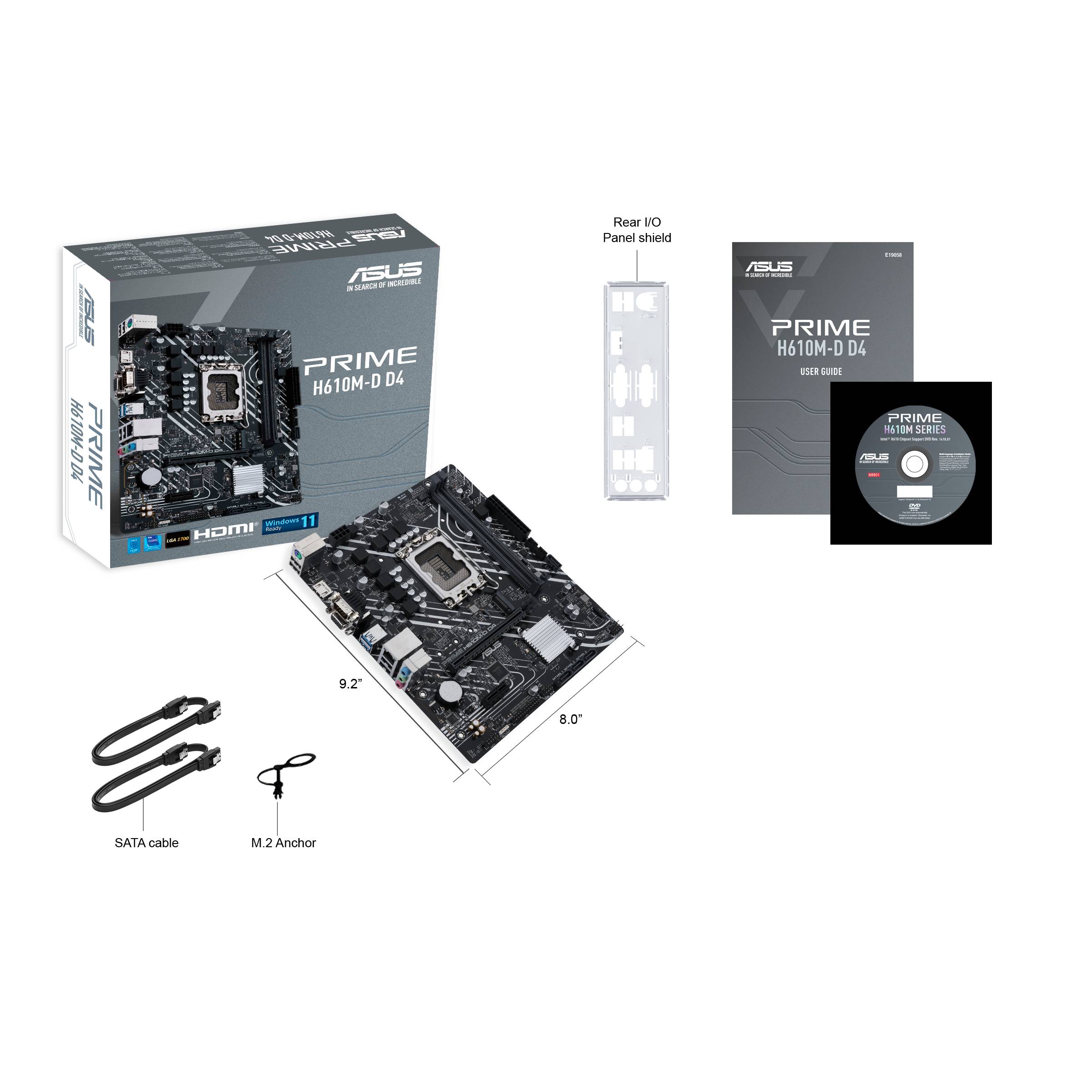 Motherboard, Zubehörteile und Verpackung von ASUS Prime H610M-D D4 gezeigt. Enthält SATA-Kabel, M.2-Anker und Treiber-CD.