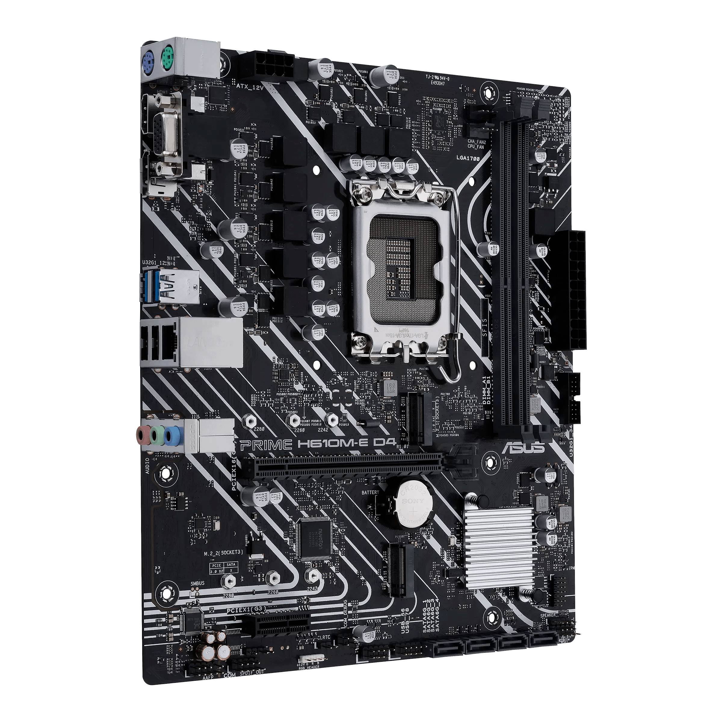 Eine schwarze Hauptplatine (Motherboard) mit mehreren Steckplätzen und Anschlüssen, geeignet für Computerbauteile, Modell 'ASUS PRIME H610M-E D4'.