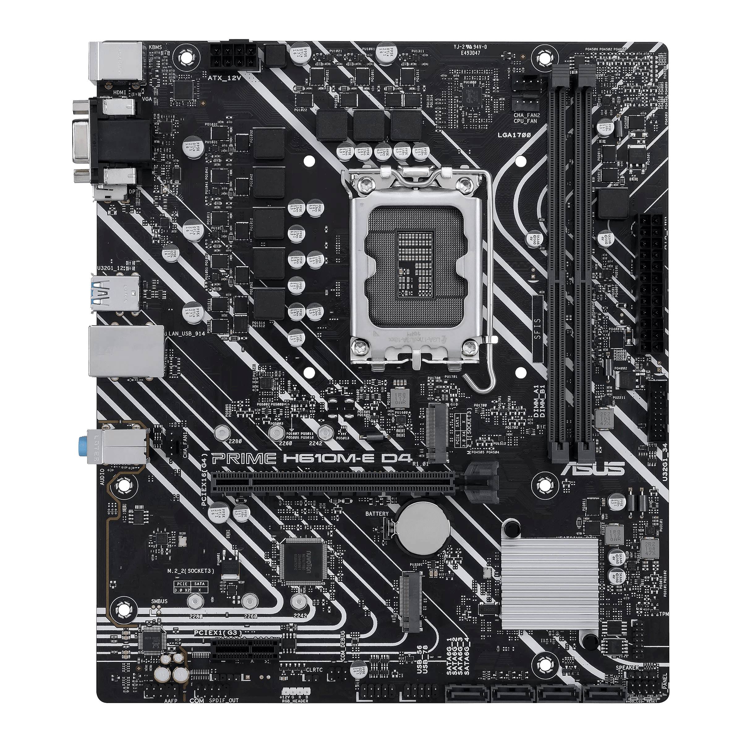 Ein ASUS PRIME H610M-E D4 Motherboard mit schwarzen und weißen Linien. Zeigt Steckplätze für CPU, RAM, PCIe, und andere Anschlüsse.