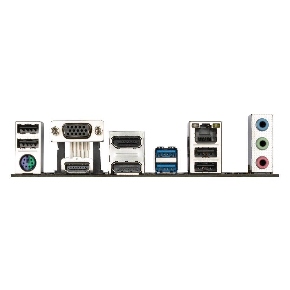 Anschlüsse auf einer Computer-Motherboard-Rückseite: USB, Audio, Ethernet, VGA, HDMI und PS/2-Anschlüsse, alle funktionsbereit.