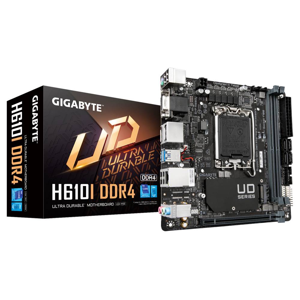 Eine Gigabyte H610I DDR4 Hauptplatine neben ihrer Verpackung, die Merkmale wie 'Ultra Durable Motherboard' und 'UD Series' zeigt.