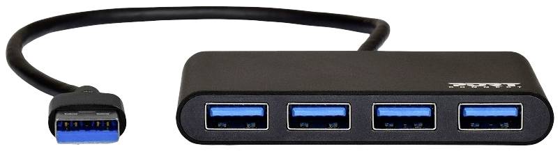 USB-Hub mit vier blauen USB 3.0-Anschlüssen und einem kurzen Kabel.