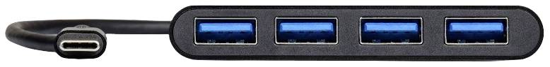 Ein USB-Hub mit vier USB-Anschlüssen und einem integrierten USB-C-Kabel. Der Hub ist schwarz und dient zur Erweiterung von USB-Anschlüssen.