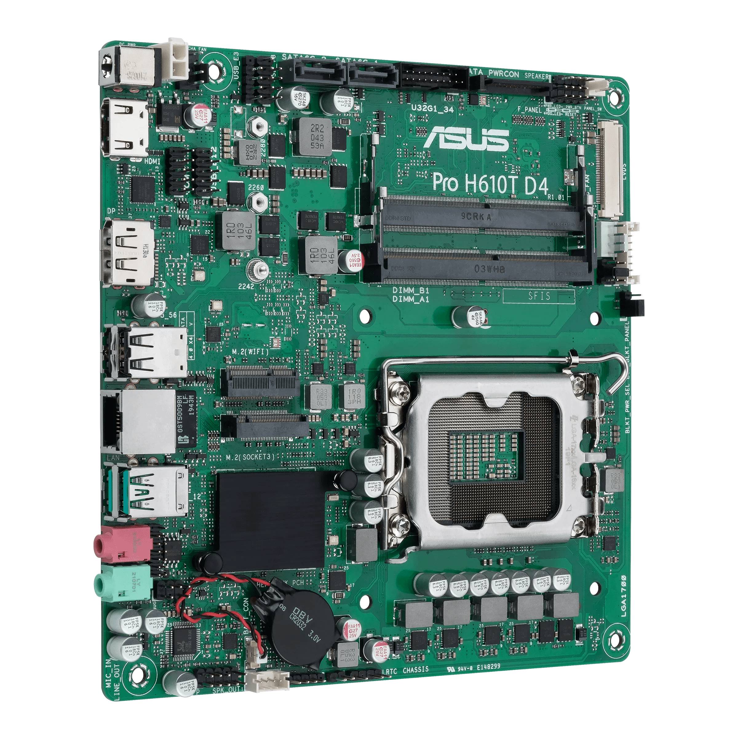 Das Bild zeigt ein Asus Pro H610T D4 Mainboard mit sichtbaren Anschlüssen, RAM-Steckplätzen und einem CPU-Sockel.