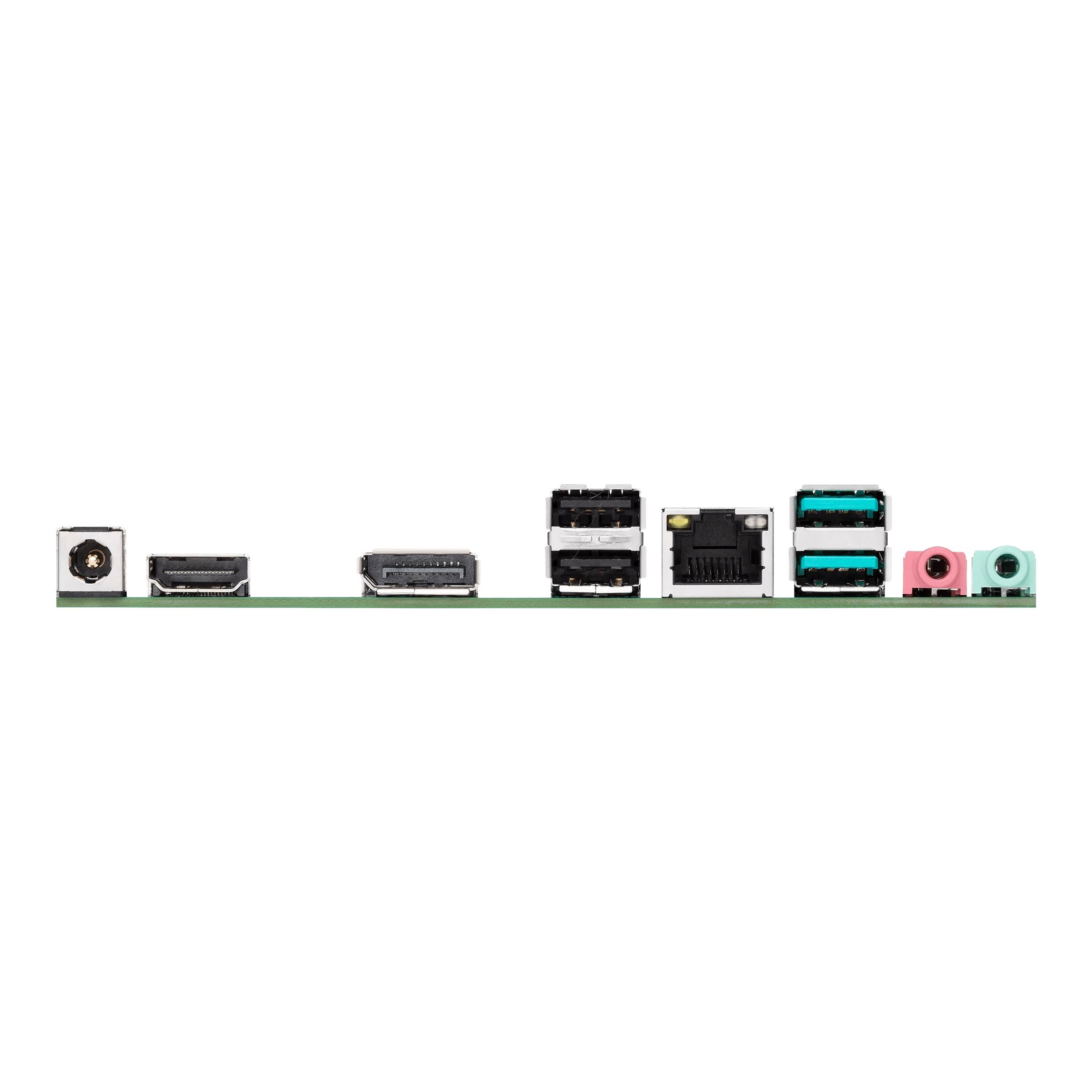 Rückseite eines Computer-Motherboards mit Anschlüssen: Strom, HDMI, DisplayPort, USB, Ethernet, Audio.
