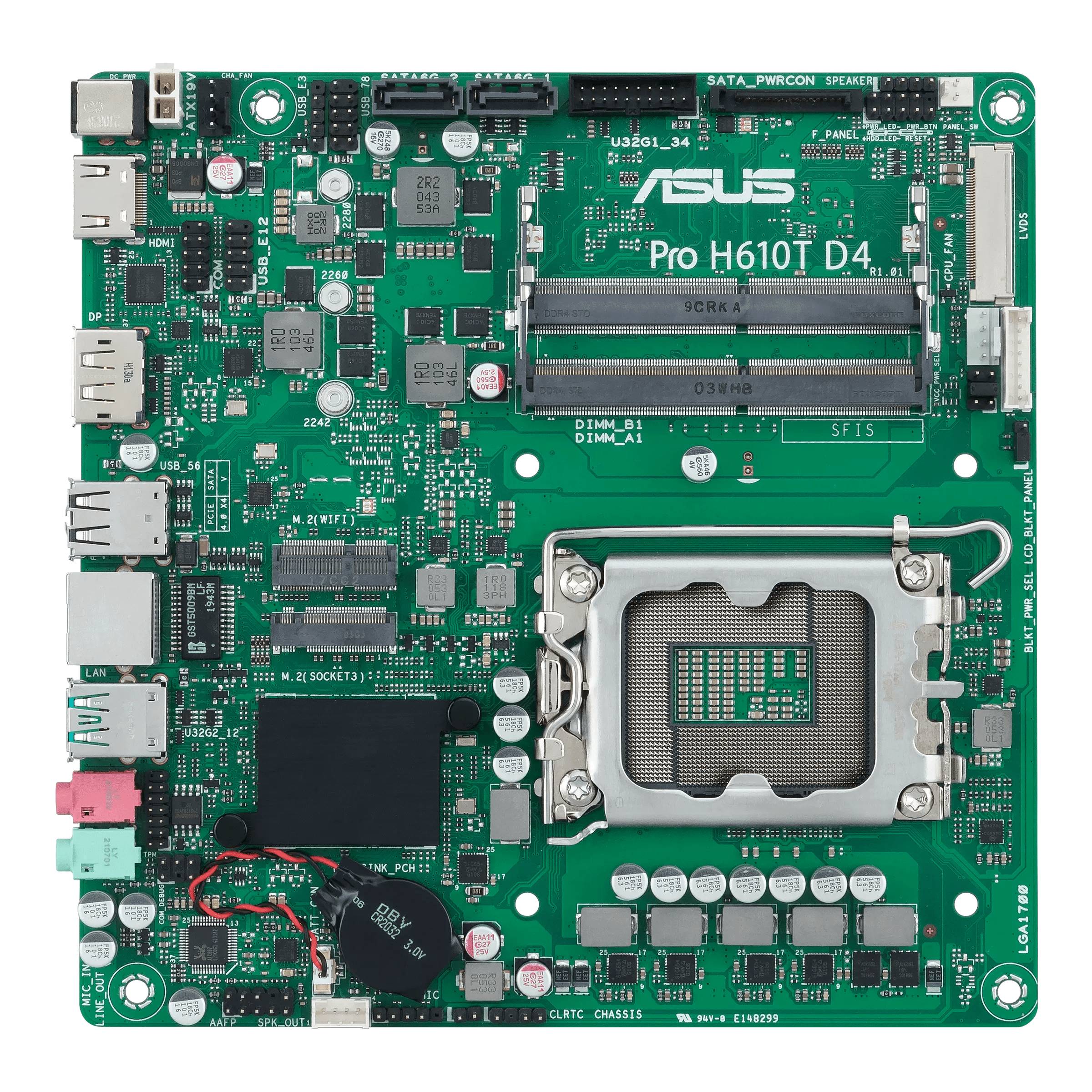 Das Bild zeigt ein ASUS Pro H610T D4 Mainboard. Sichtbar sind RAM-Slots, CPU-Sockel, Anschlüsse und verschiedene elektronische Komponenten.