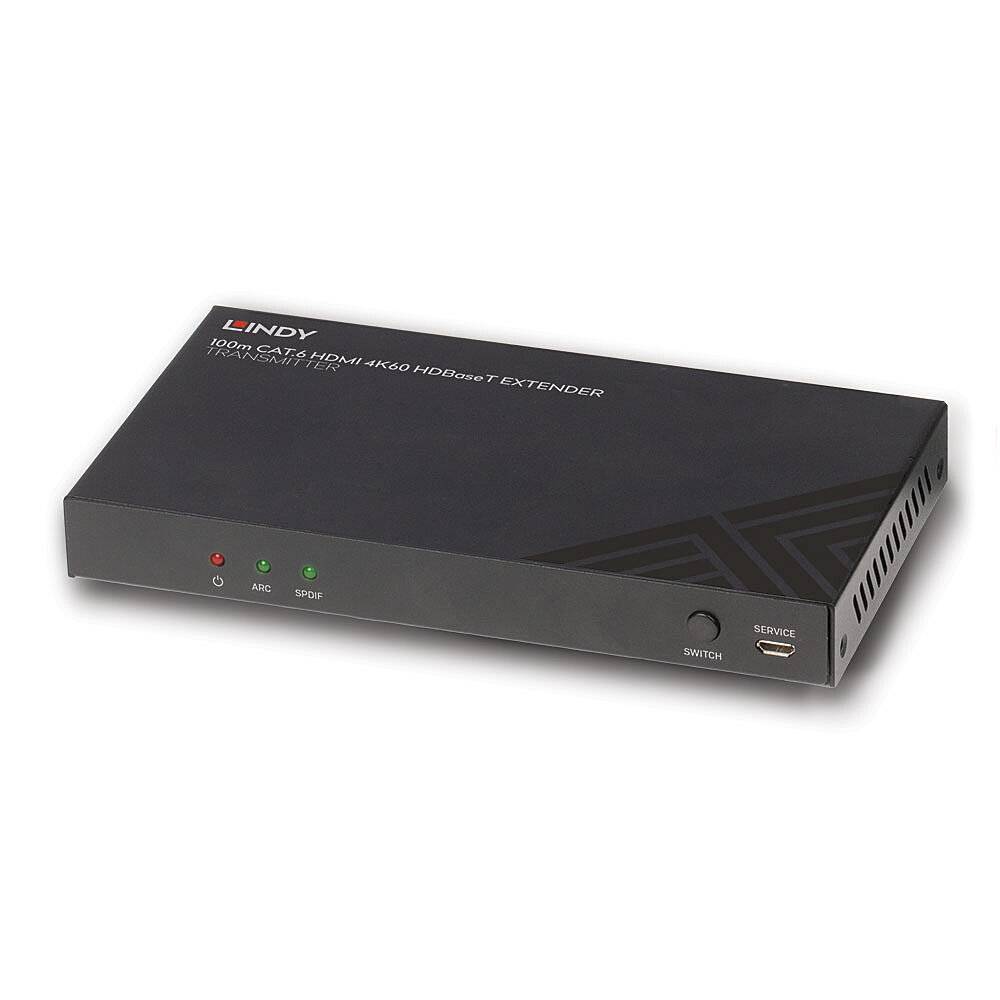 Ein schwarzer HDMI-Extender mit mehreren Anschlüssen und LEDs zur Anzeige von Betriebsstatus. Modellnummer und Markenname sind sichtbar.