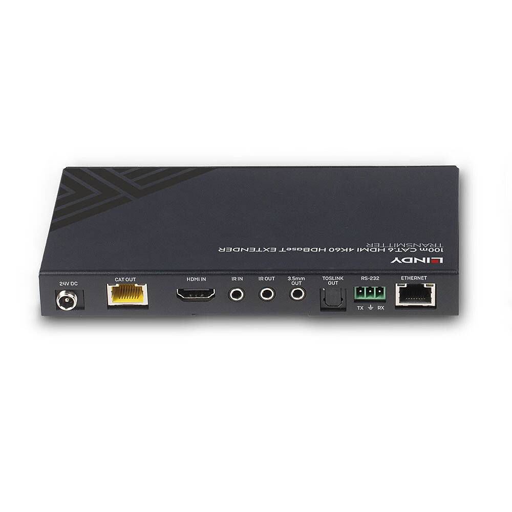 Ein schwarzer HDMI-Extender mit Anschlüssen für HDMI, LAN, IR-Out, IR-In, RS-232, Fronthalterung und 24V DC auf einer weißen Fläche.