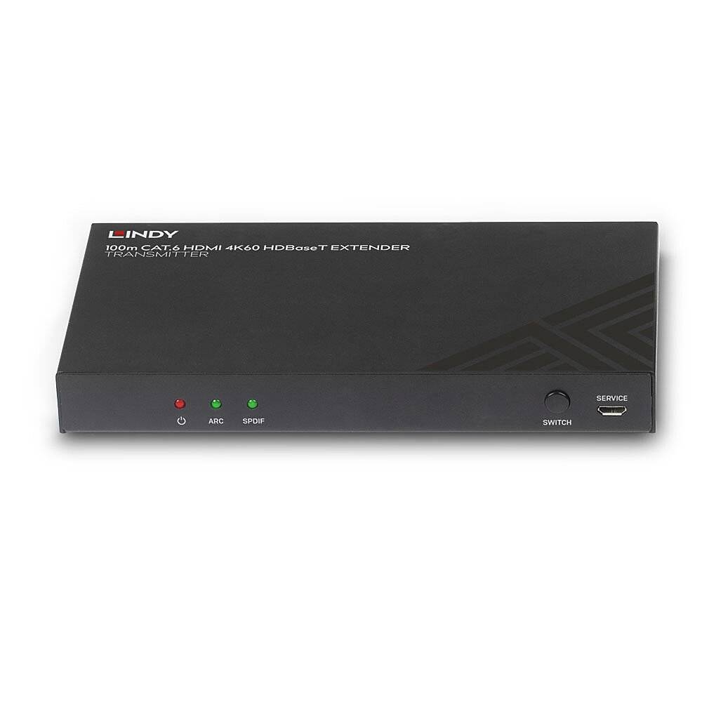 HDBaseT-Extender von Lindy in Schwarz, zeigt Status-LEDs und Anschlüsse auf der Vorderseite. Gerät zur Signalübertragung über große Entfernungen.