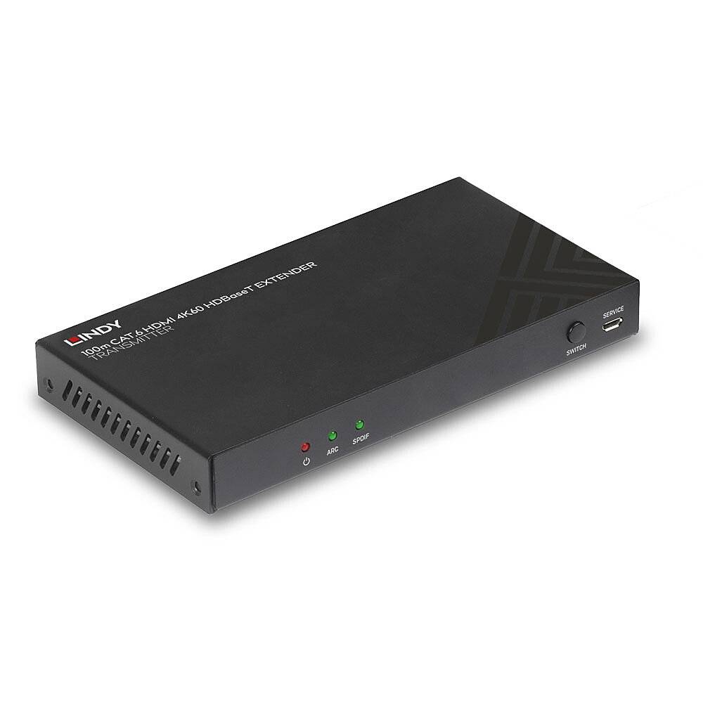 Ein schwarzes elektronisches Gerät mit der Aufschrift 'Lindy' und Statusleuchten. Es kann HDMI-4K-Signale über eine IP-Verbindung senden.