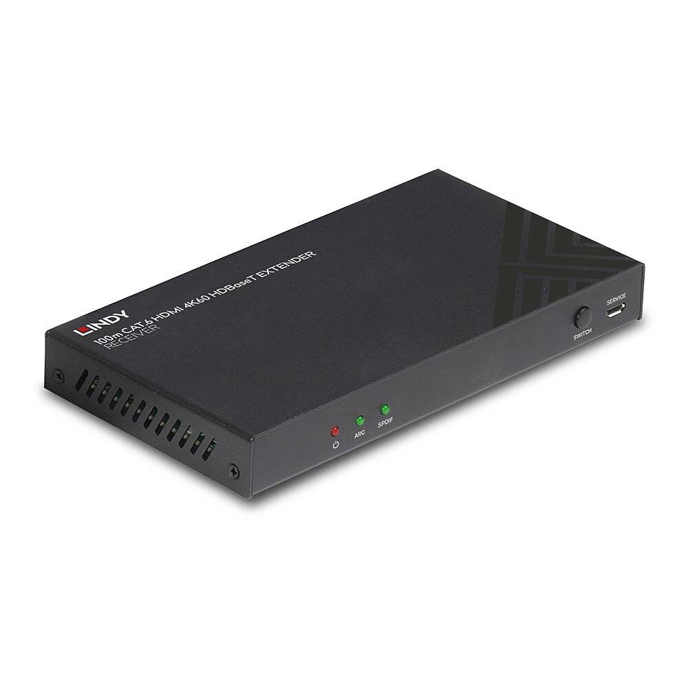 Ein schwarzer HDMI 4K60 Extender mit mehreren Eingängen und Ausgängen sowie USB-Anschluss. Markiert mit 'Lindy'.