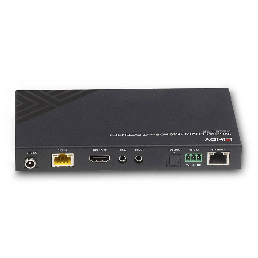 Ein schwarzer HDMI-Extender mit Ethernet- und HDMI-Anschlüssen, RS-232-Ports und Toslink. Stromanschluss links. Geeignet für Audio- und Videosignale.