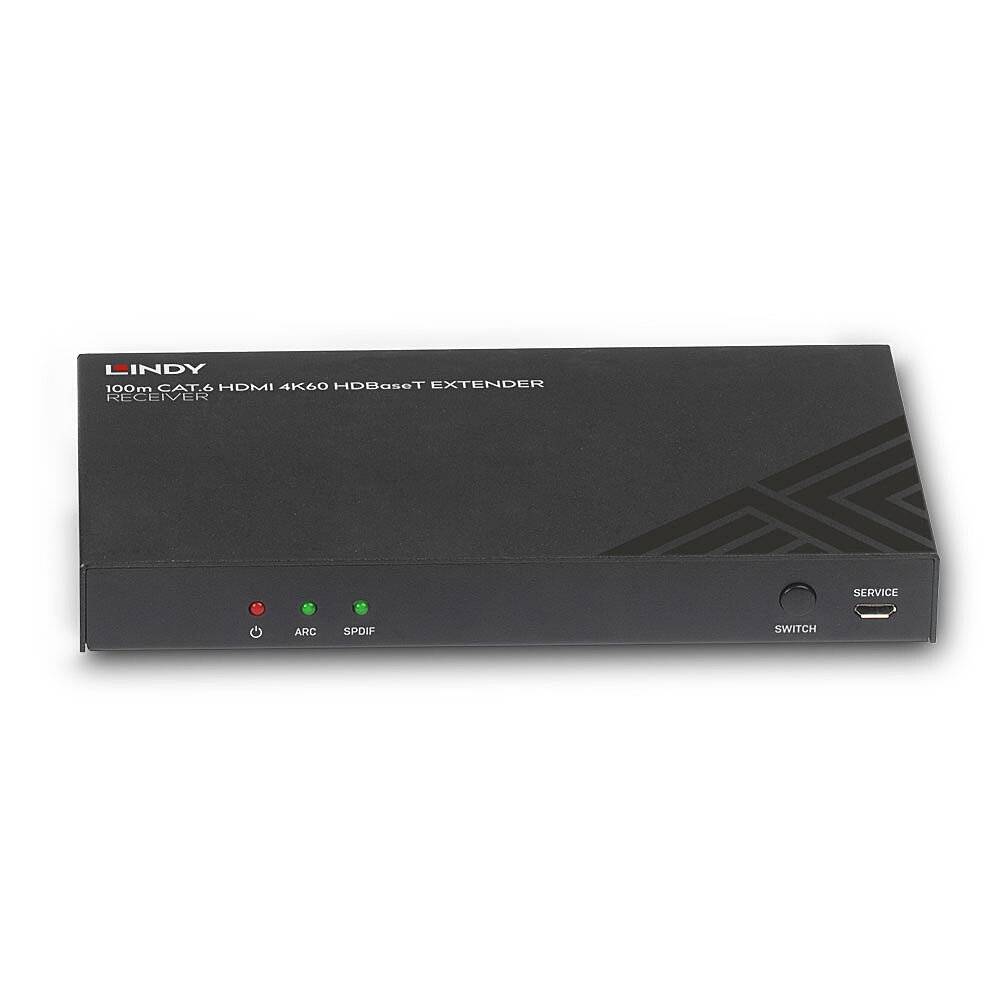Schwarzes HDBaseT Extender-Gerät von Lindy mit HDMI 4K60-Beschriftung, zwei LED-Lichtern und "Switch"-Beschriftung.