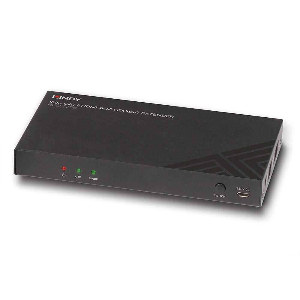Ein schwarzer HDMI-Extender mit drei kleinen Anzeigelampen und mehreren Anschlüssen. Die Vorderseite zeigt den Markennamen und Modellinformationen.