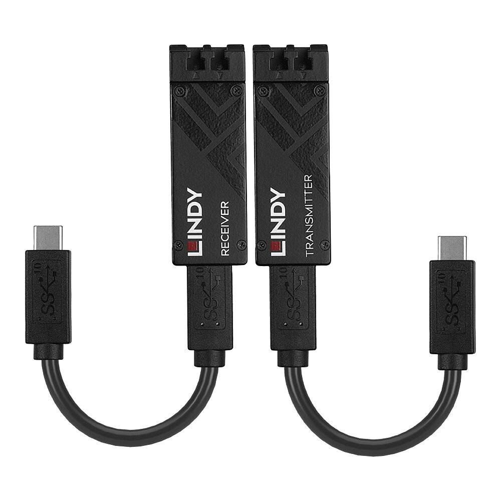 Zwei schwarze Adapter mit der Aufschrift 'Lindy Receiver' und 'Lindy Transmitter', jeweils mit USB-C-Anschlüssen an kurzen Kabeln.
