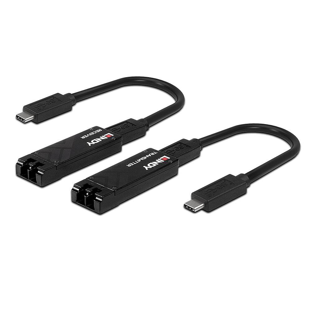 Zwei schwarze Adapter mit USB-C-Steckern und je zwei optischen Anschlüssen, Markenname 'Lindy' zu sehen, vor weißem Hintergrund.