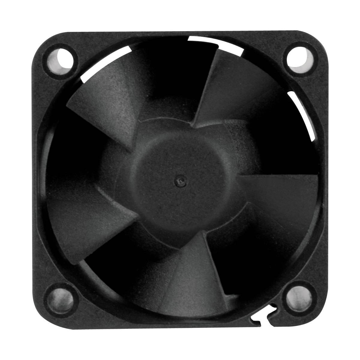 Ein schwarzer, quadratischer Ventilator mit fünf Flügeln und vier Befestigungslöchern in den Ecken.
