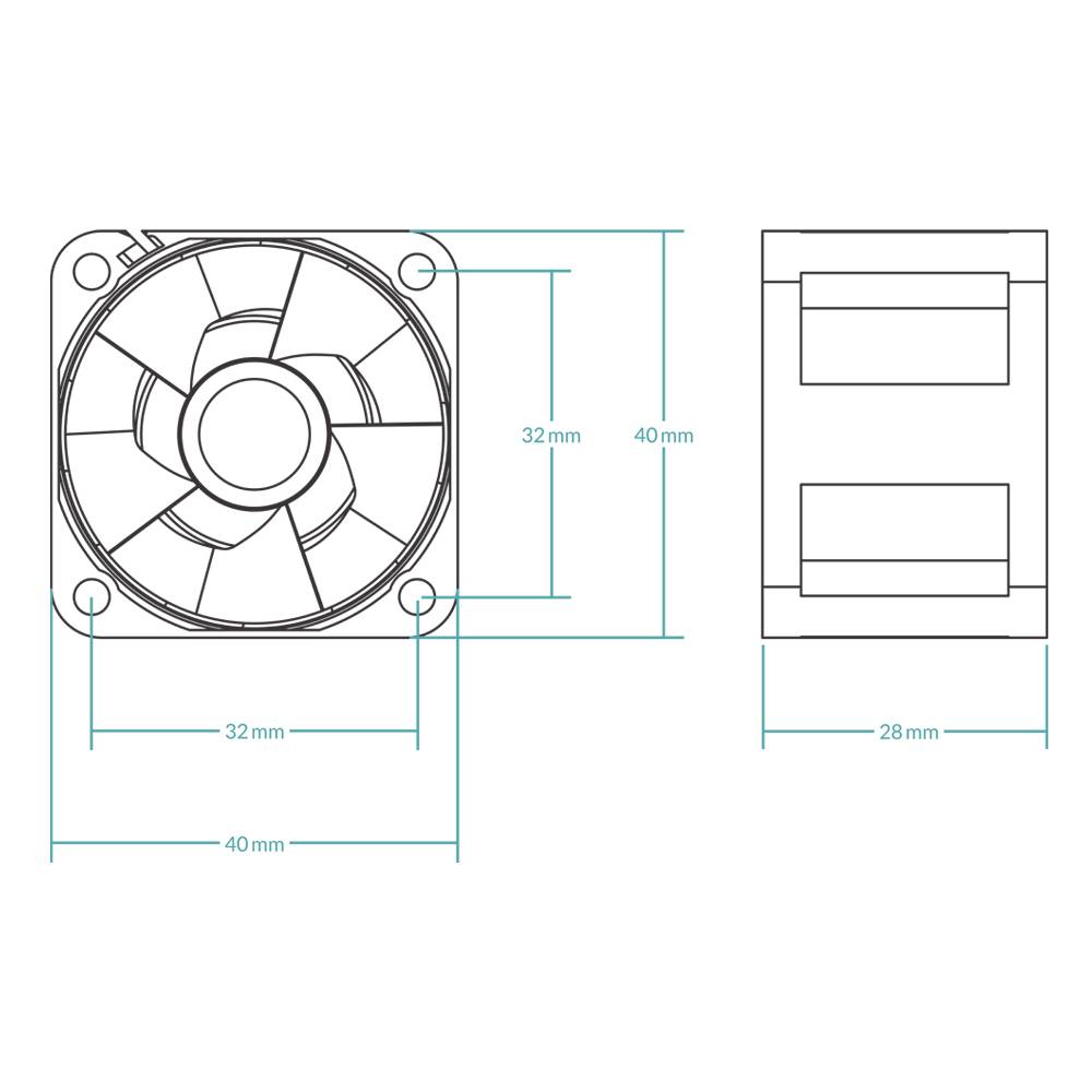 Technische Zeichnung eines Lüfters mit Abmessungen: 40 x 40 mm, Tiefe 28 mm. Ansicht von oben und der Seite.
