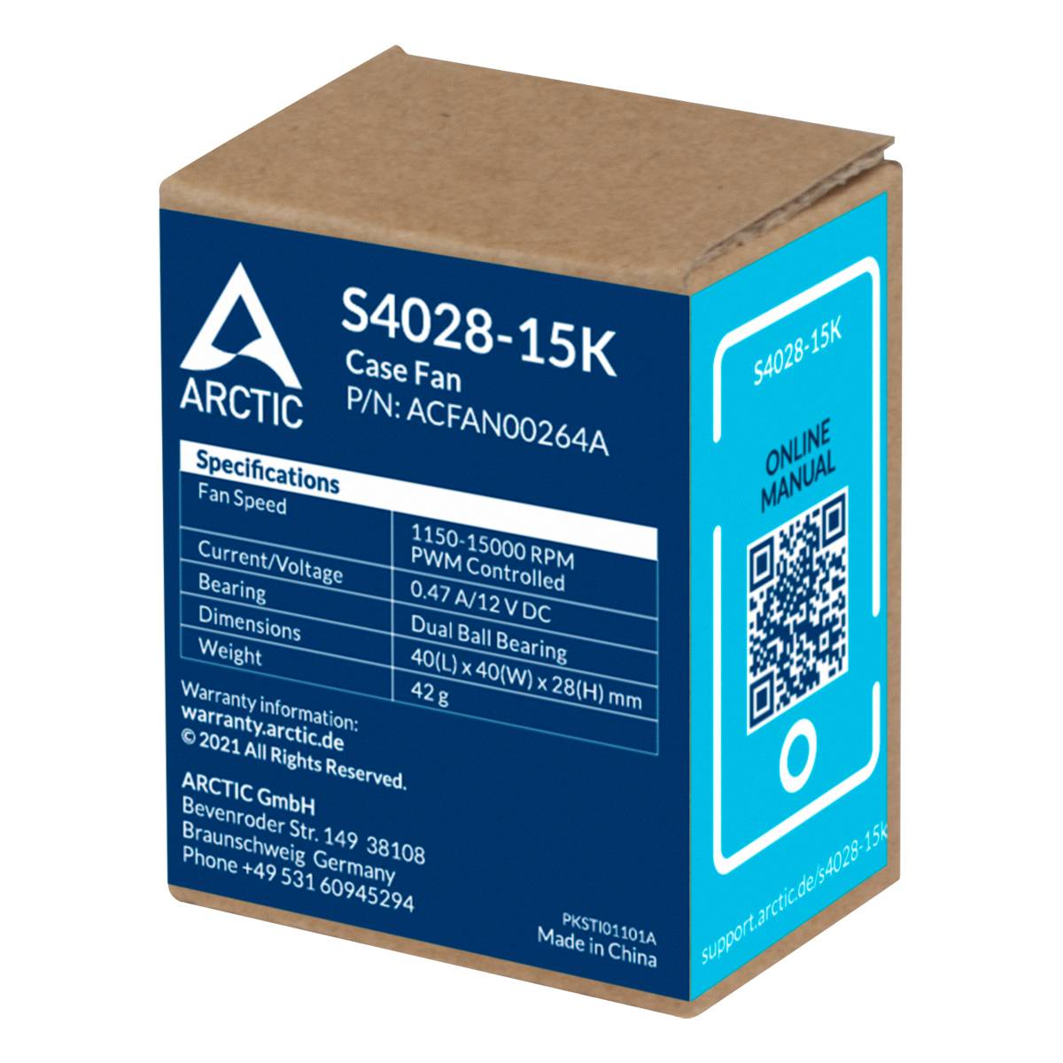 Ein Karton eines Lüfters mit der Aufschrift 'ARCTIC S4028-15K'. Technische Spezifikationen und Kontaktinformation auf der Verpackung.
