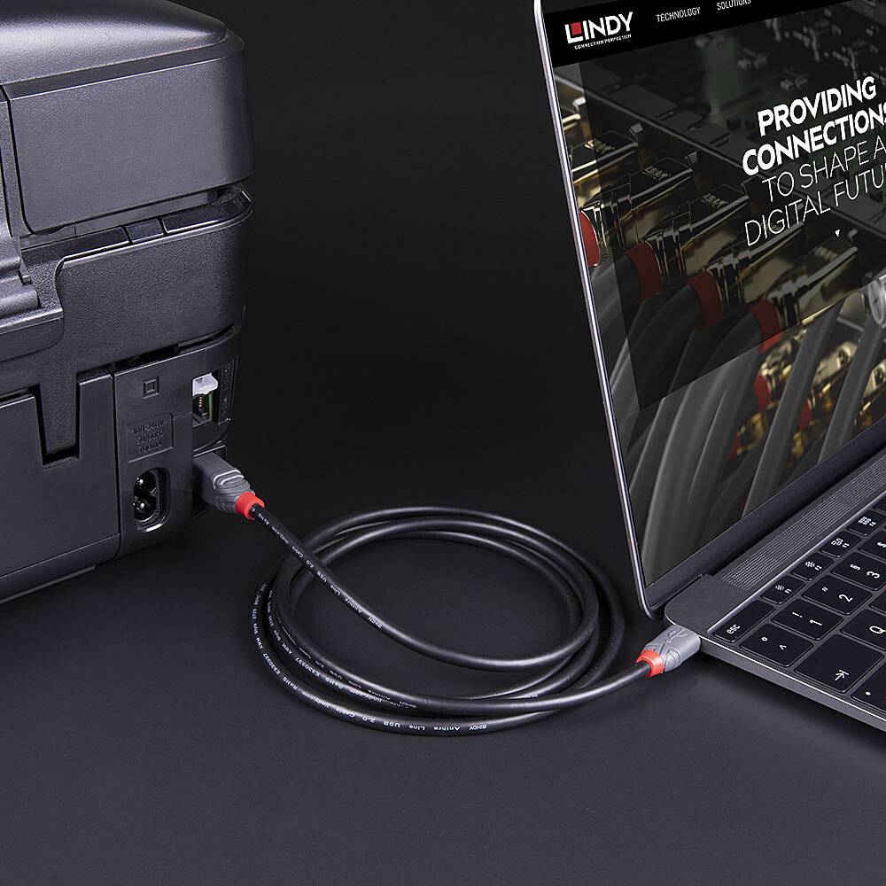 Ein Laptop ist über ein USB-Kabel mit einem Drucker verbunden. Der Bildschirminhalt zeigt eine Webseite mit dem Text 'Providing...'.