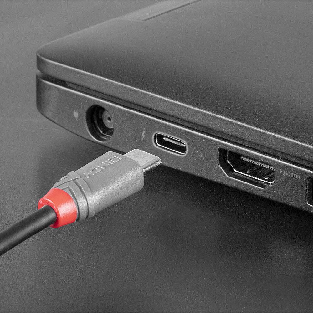 Ein HDMI-Kabel wird in den HDMI-Anschluss eines Laptops eingesteckt, der in einer Serie von Anschlüssen an der Seite des Geräts zu sehen ist.
