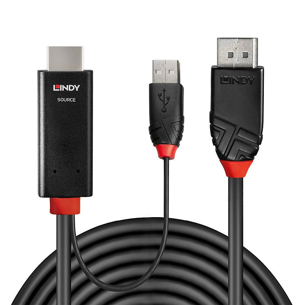 Das Bild zeigt ein HDMI-zu-USB-Kabelset von Lindy. Links ein HDMI-Stecker, rechts USB-A und USB-B-Stecker, umwickelt von Kabel.