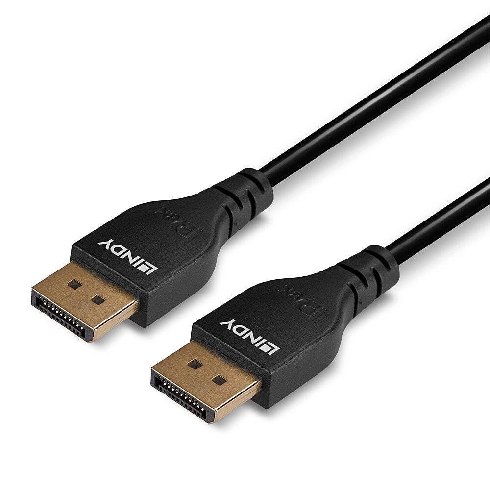 Zwei schwarze DisplayPort-Kabel mit goldenen Steckern auf weißem Hintergrund. Sie sind in paralleler Ausrichtung dargestellt.