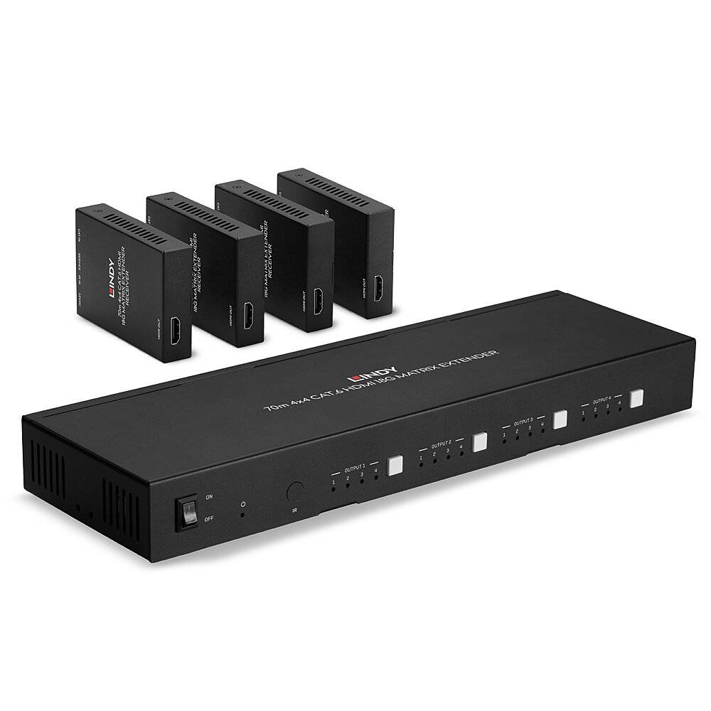 HDMI-Matrix-Schalter mit Fernbedienung und vier Eingängen. Gerät zeigt Anschlüsse und Tasten zur Steuerung. Geeignet für Heimkino-Setups.