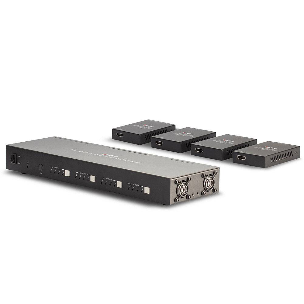 Ein schwarzer HDMI-Splitter mit vier Ausgängen, daneben vier kleine gleichfarbige Empfänger. Die Anordnung deutet auf eine Signalverteilung hin.