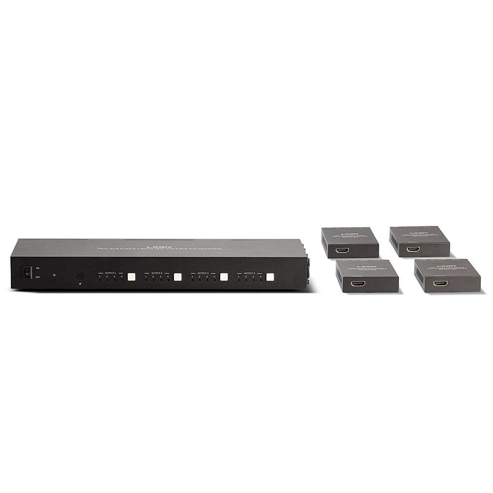 Ein HDMI-Switch mit mehreren Eingängen und vier kleinen HDMI-Receivern daneben, alle in schwarz gehalten. Geeignet für Audio-Video-Übertragungen.