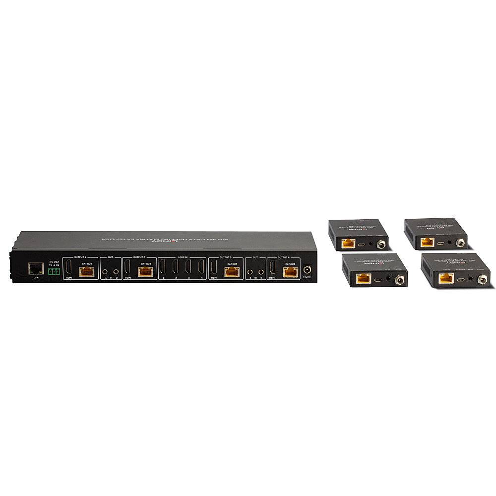 Ein HDMI-Splitter mit vier Ausgängen und vier separaten Empfängereinheiten. Geeignet zur Übertragung von Videosignalen auf mehrere Bildschirme.