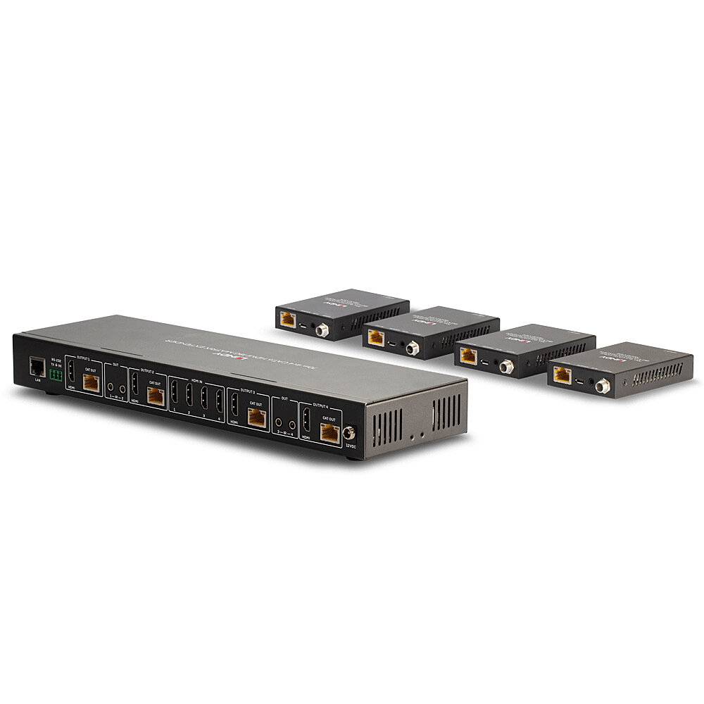 Ein schwarzer HDMI-Verteiler mit mehreren Anschlussports, daneben liegen vier kleinere Adapter. Technische Geräte auf weißem Hintergrund.
