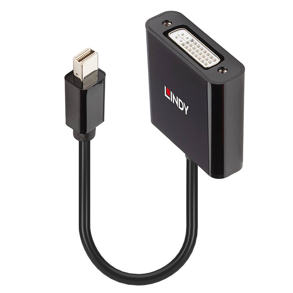 Ein schwarzer Adapter mit einem Mini-DisplayPort-Stecker und einem DVI-Buchse, gekennzeichnet mit 'Lindy'.