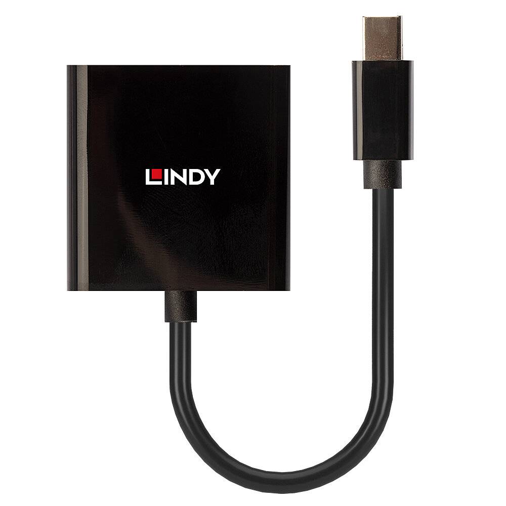Ein schwarzer Adapter mit einem USB-Anschluss und einem HDMI-Port. Auf dem Adapter ist das Logo 'LINDY' zu sehen.