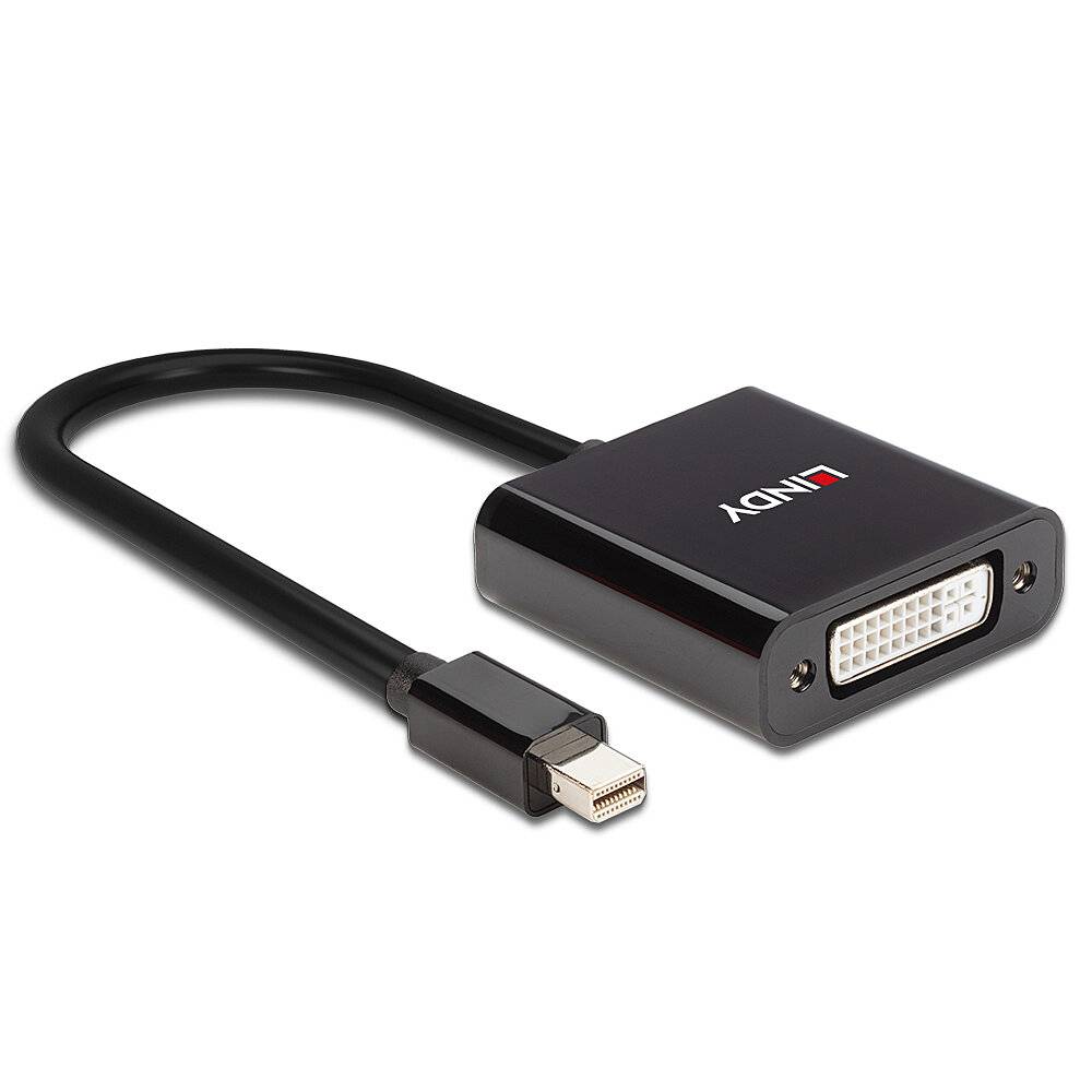 Ein schwarzer Adapter von Mini DisplayPort zu DVI, gekennzeichnet mit 'LINDY', für die Verbindung von Computern mit Monitoren.