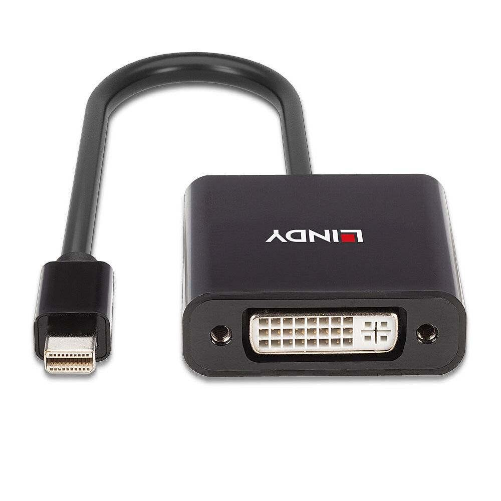Ein schwarzer Adapter mit einem Mini DisplayPort auf DVI-Anschluss. Hergestellt von einer Firma, erkennbar am Logo auf der Vorderseite.