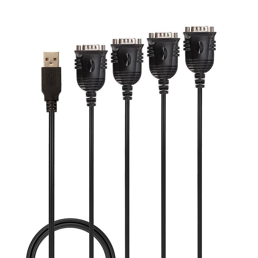 Ein schwarzes USB-Kabel, das sich in vier identische Anschlüsse aufteilt, mit metallenen Steckköpfen für mehrere Geräteverbindungen.