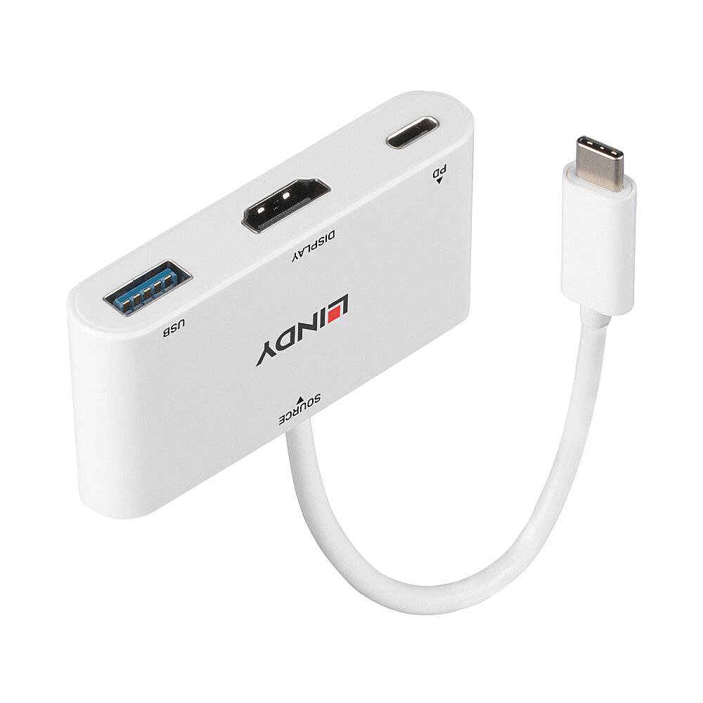 Ein weißer Adapter mit USB-C-Stecker, HDMI-Ausgang, USB-Anschluss und zusätzlichem USB-C-Anschluss. Markiert mit 'LINDY'.