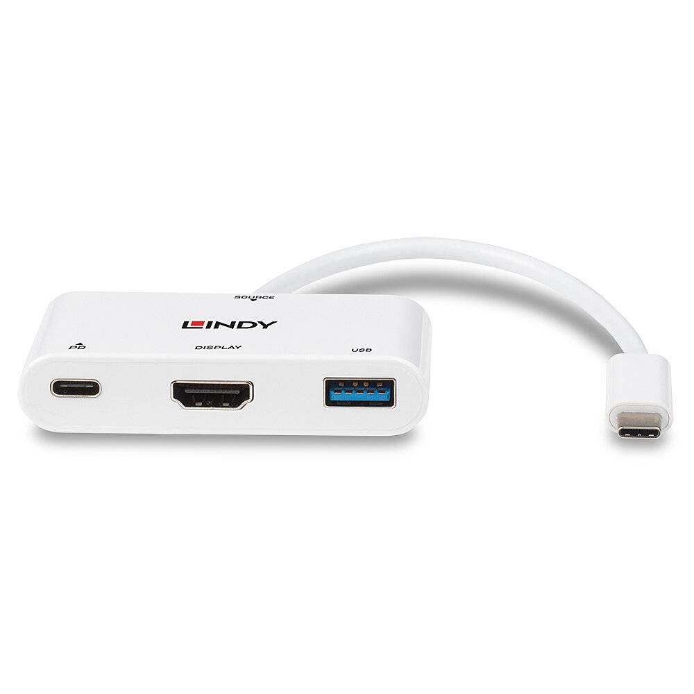Ein USB-C-Adapter mit einem HDMI-Anschluss, einem USB-A-Anschluss und einem USB-C-Anschluss. Markiert mit 'Lindy'.