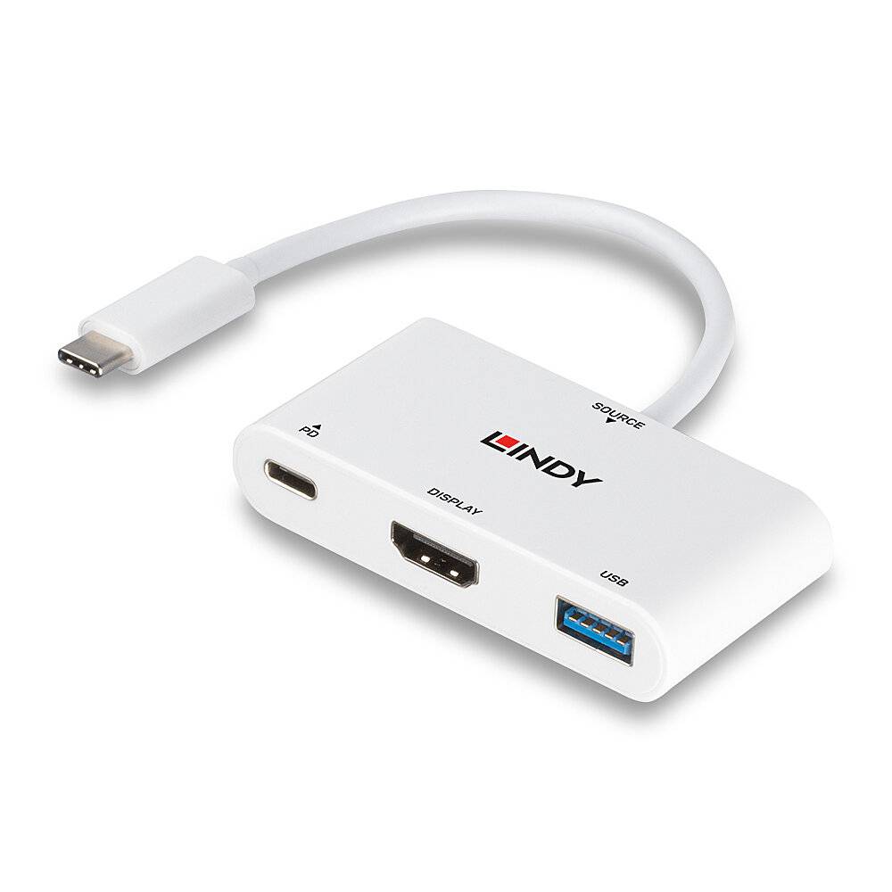 Ein weißer Adapter mit USB-C-Anschluss, HDMI-Ausgang und USB-Anschluss. Markenname 'Lindy' auf der Oberseite.