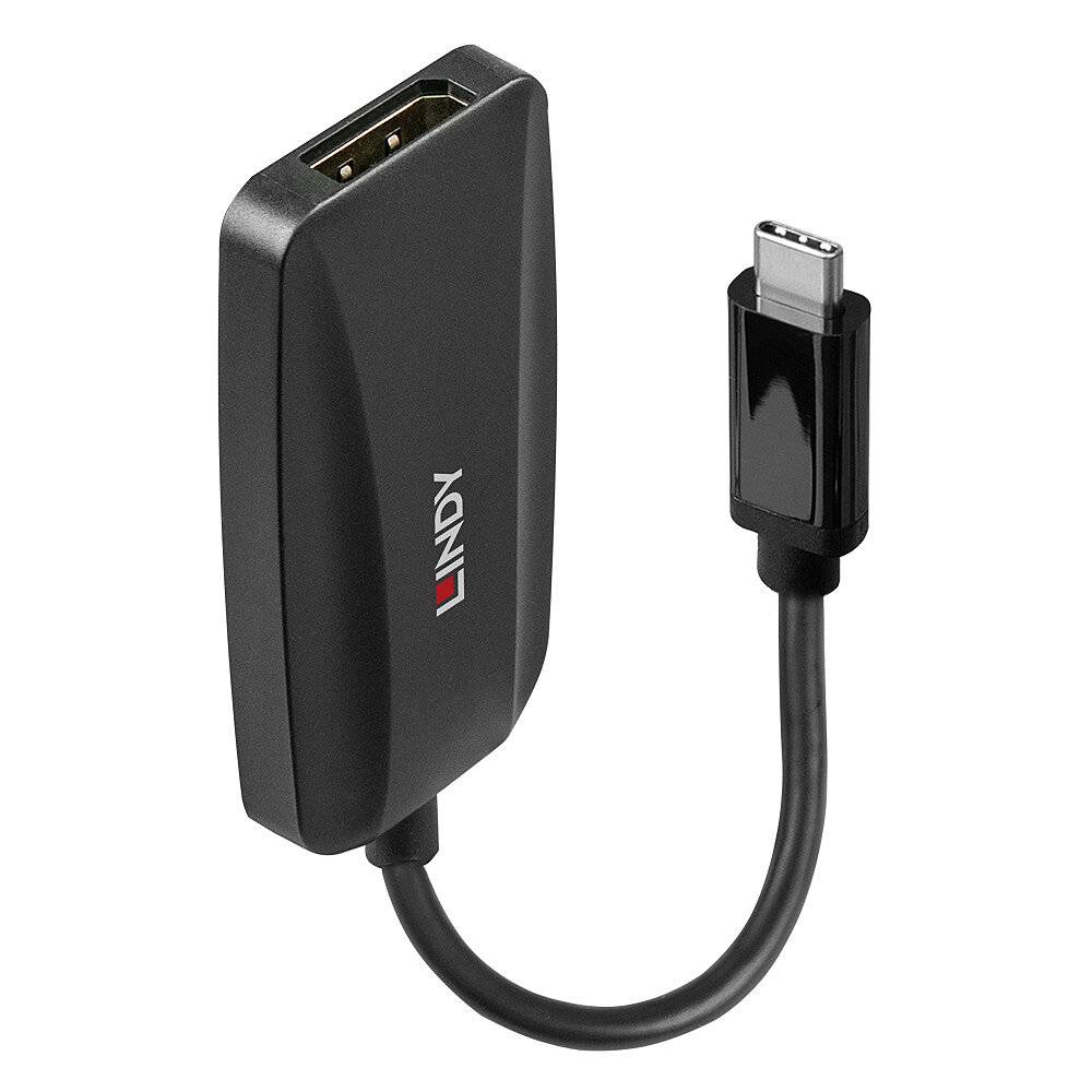 USB-C-auf-HDMI-Adapter in Schwarz, mit einem kurzen Kabel und beidseitig steckbaren Anschlüssen, für Video- und Audioübertragung.