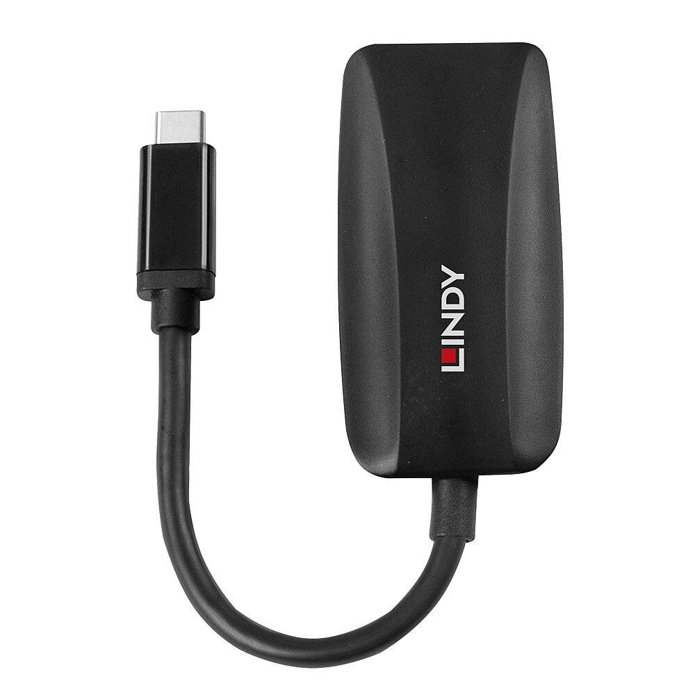 Ein schwarzer USB-C-Adapter mit einer kurzen, flexiblen Kabelverbindung. Auf dem Adapter steht das Logo 'LINDY'.